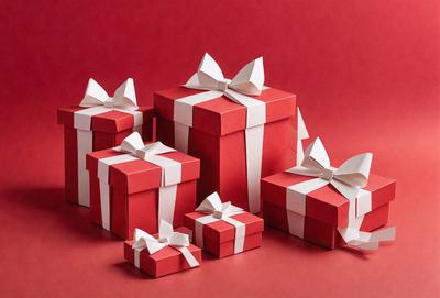 The primary subject of the image is a collection of red gift boxes with white bows. These boxes are arranged on a red background, creating a visually appealing scene. The visual style of the image is a combination of photo and digital art, as it appears to be a photograph of a digital artwork. The dominant colors in the image are red and white, giving it a warm and festive atmosphere.